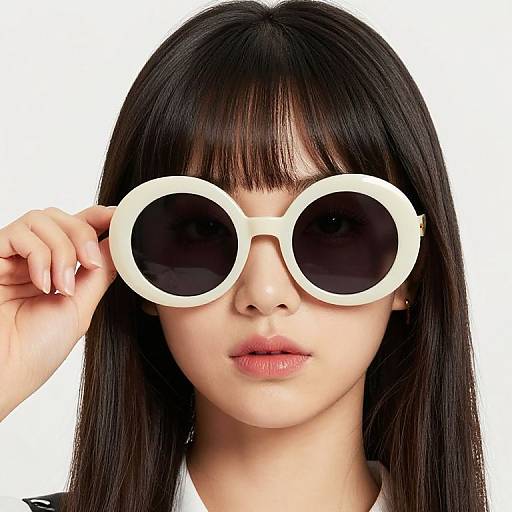 Photograph of an Asian woman with black straight hair, wearing large white round sunglasses with black lenses, white background.