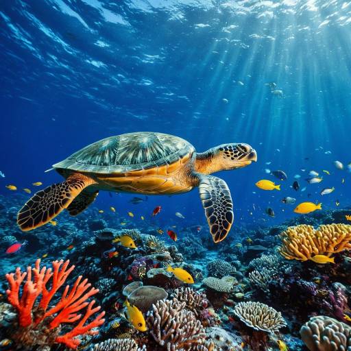 Sea Turtle Swimming Over Vibrant Coral Reef