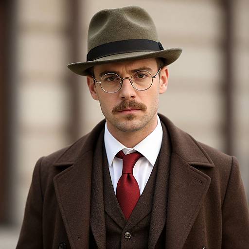 Photograph of a man with glasses, olive green fedora, brown mustache, white shirt, red tie, brown suit, standing against blurred background