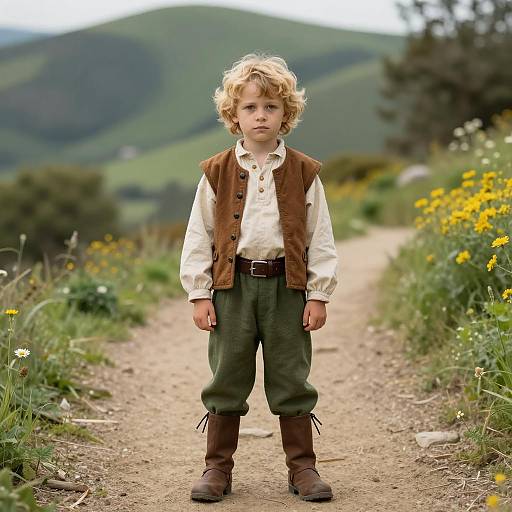 Boy in Hobbit Costume on Mountain Path