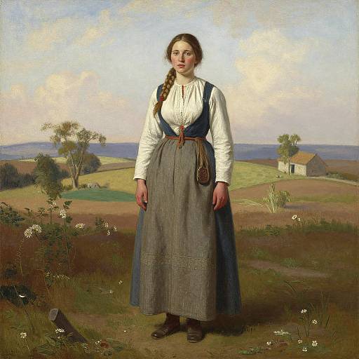 Photorealistic painting of a fair-skinned, red-haired woman in traditional 19th-century rural attire, standing in a lush, countryside landscape with