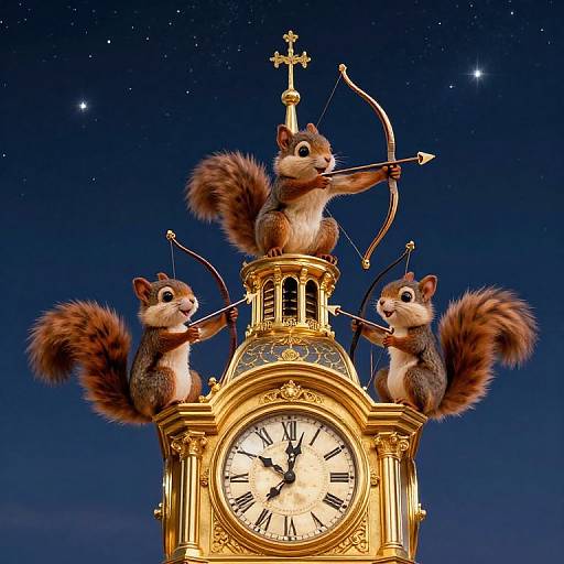 Squirrels Conducting Time on Golden Clock Tower