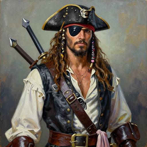 Digital painting of a rugged, long-haired pirate with an eyepatch, tricorn hat, white shirt, black vest, and sword slung over
