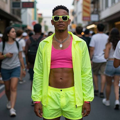 Photograph of a muscular Black man with short curly hair, wearing neon yellow jacket, pink crop top, neon yellow shorts, and green sunglasses, standing