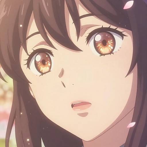 Anime-style digital drawing of a young woman with large, sparkling brown eyes, short brown hair, and a slightly surprised expression. Soft pink cherry blossom petals