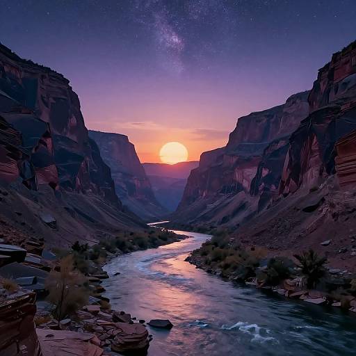 Photograph of a stunning canyon at sunset, with a vibrant orange sun, starry Milky Way, and a reflective river winding through rocky, desert terrain