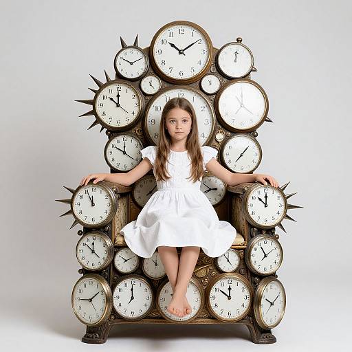 Photograph of a young girl with long brown hair, wearing a white dress, sitting on a clock chair with multiple clocks.