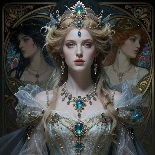 Digital art of a fair-skinned, blonde queen with an ornate turquoise tiara and necklace, wearing a white, gold-embellished gown