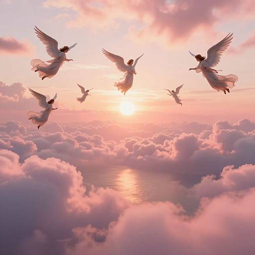 Photograph of five white doves with outstretched wings flying above a pink and orange sunset sky, with fluffy clouds below.