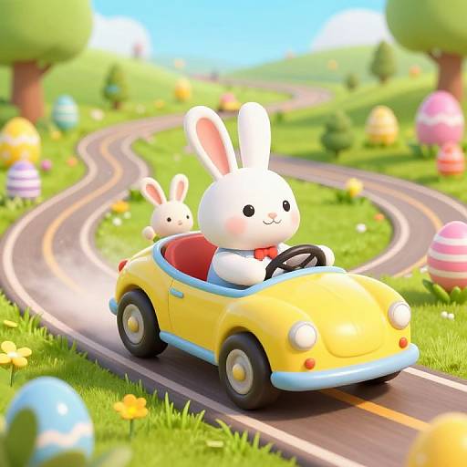 CGI illustration of two cute white bunny characters driving a yellow convertible car on a winding road with colorful Easter eggs and grassy hills in the background.
