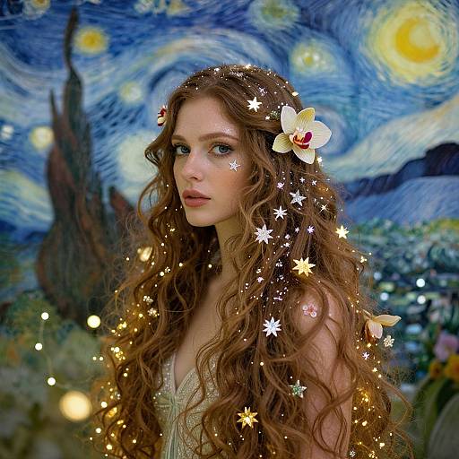 Photograph of a beautiful young woman with long, wavy brown hair, adorned with flowers and sparkling stars, set against a vibrant, swirling blue and