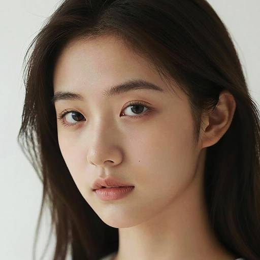 Photograph of a young Asian woman with fair skin, long black hair, brown eyes, and a small mole above her right lip. She has a