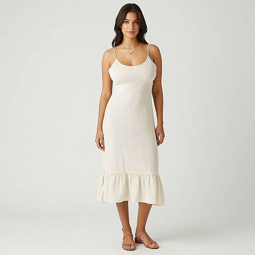 Photograph of a plus-sized woman with long black hair wearing a white, sleeveless, ribbed dress and beige sandals, standing against a plain white