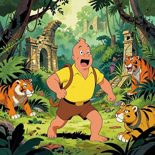 Cartoon man in yellow shirt and brown shorts, with backpack, startled by four fierce tigers in lush, ancient jungle ruins.