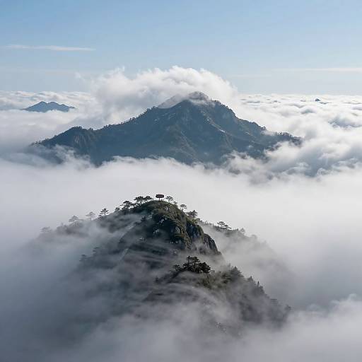 Photograph of a misty mountain peak partially obscured by dense, white clouds, with a clear blue sky above and dark, forested slopes below.