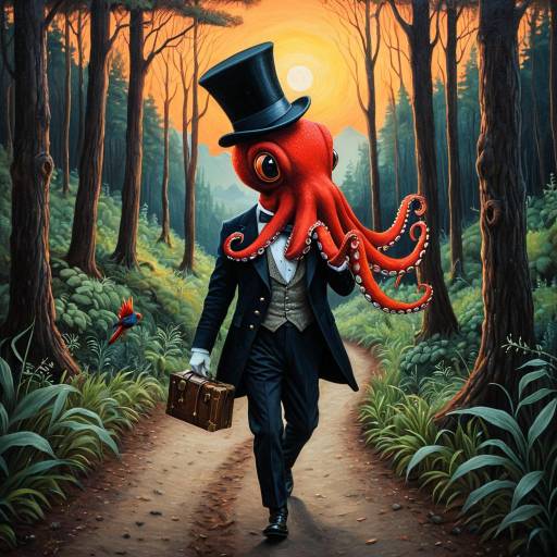 Surreal Octopus in Suit Walking Through Forest Surreal Octopus in Suit Walking Through Forest