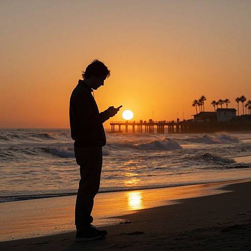 Silhouetted man standing on beach, texting at sunset, waves in background, pier with palm trees, orange and yellow sky. Photograph.