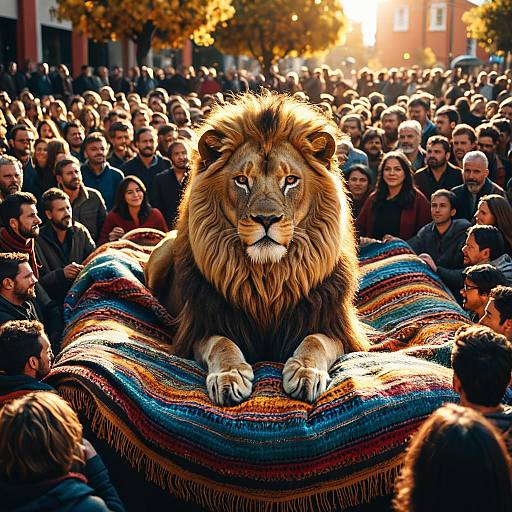 Golden Lion Surrounded by Crowd on Colorful Throws