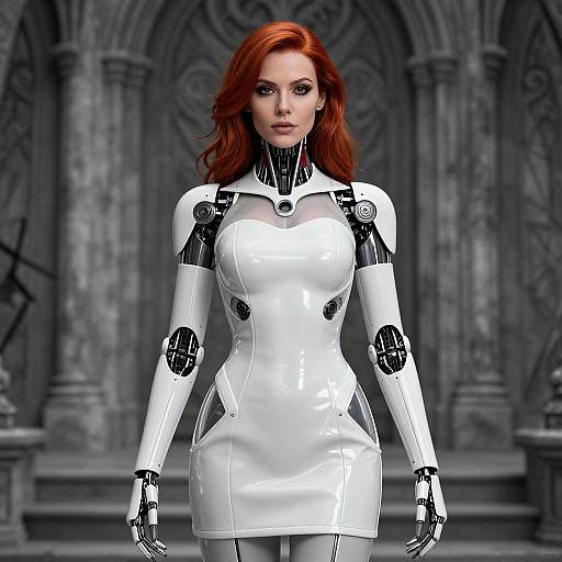 Digital artwork of a red-haired woman with robotic white and black armor in a gothic cathedral, standing confidently with arms by sides.