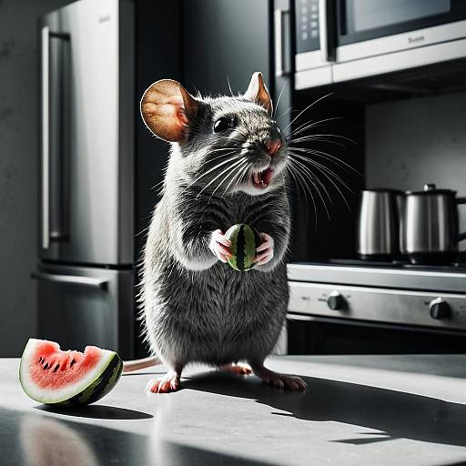 Mouse Holding Tiny Watermelon in Modern Kitchen