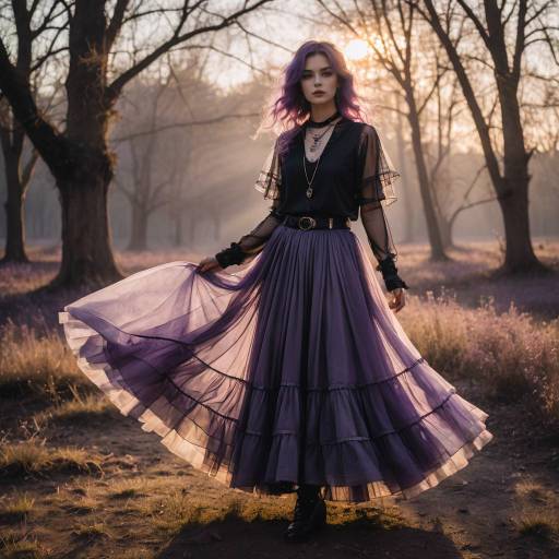 Pastel Goth Fashion in Forest at Golden Hour