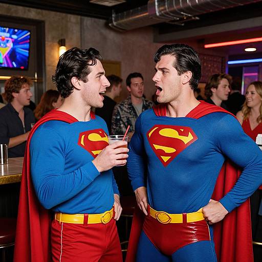 Photograph of two muscular men dressed as Superman in blue costumes with red and yellow accents, talking animatedly in a dimly lit bar with other patrons