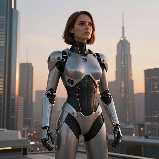 Photorealistic CGI of a woman in a silver and black robotic bodysuit, standing confidently on a rooftop at sunset, with a city skyline of