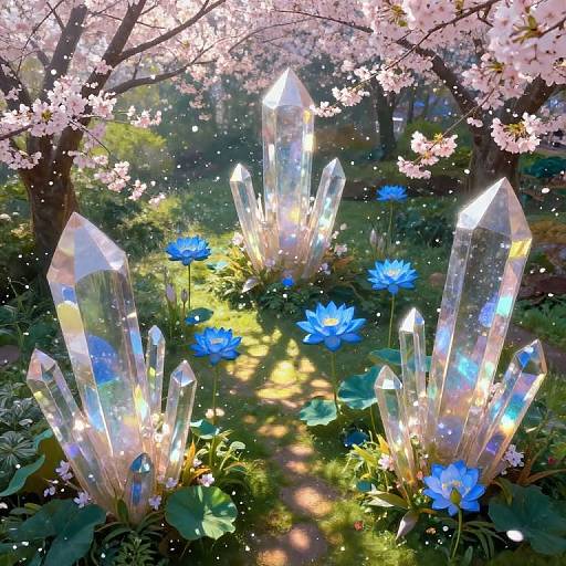 Digital artwork of glowing crystal shards surrounded by blue lotus flowers, under cherry blossom trees with sunlight filtering through.