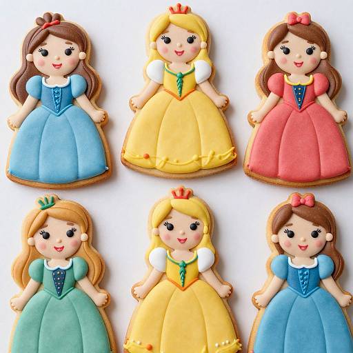 Photograph of six colorful, cartoon-style sugar cookies shaped like princesses in blue, yellow, red, and green dresses, with brown and blonde hair