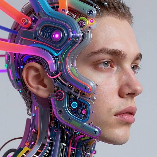 Digital art of a young man with cybernetic headgear featuring vibrant neon lights and intricate circuits, looking to the right.