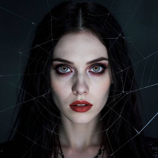 Photograph of a pale-skinned, dark-haired woman with striking blue eyes, red lipstick, and a spider web across her face, against a dark