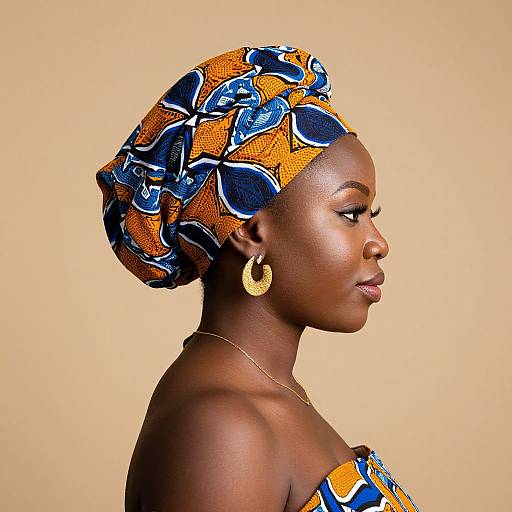 Photograph of a dark-skinned African woman in profile, wearing an orange and blue patterned headwrap, gold hoop earrings, and an orange strap