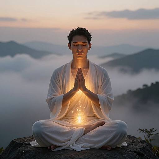 Photograph of a serene, dark-haired woman in white robes, meditating with hands in prayer, glowing light between, misty mountain background at sunrise