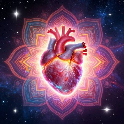 Digital artwork: Glowing, detailed human heart centered on a vibrant, mandala-like pattern, set against a starry, cosmic background with bright,