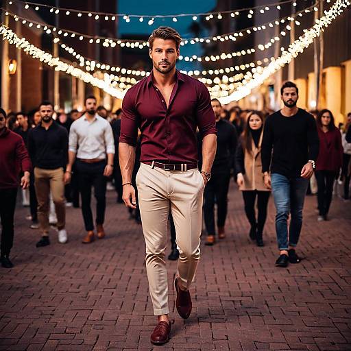 Confident Man Walking on Festive Street