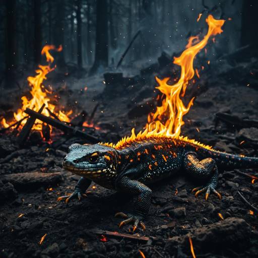 Salamander with Fiery Flames in Burned Battlefield