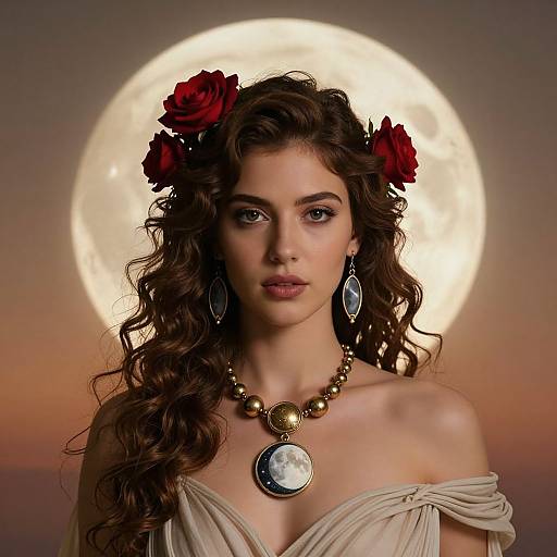 Photographic-style digital artwork of a beautiful woman with curly brown hair, red roses in her hair, wearing a beige off-shoulder dress, large