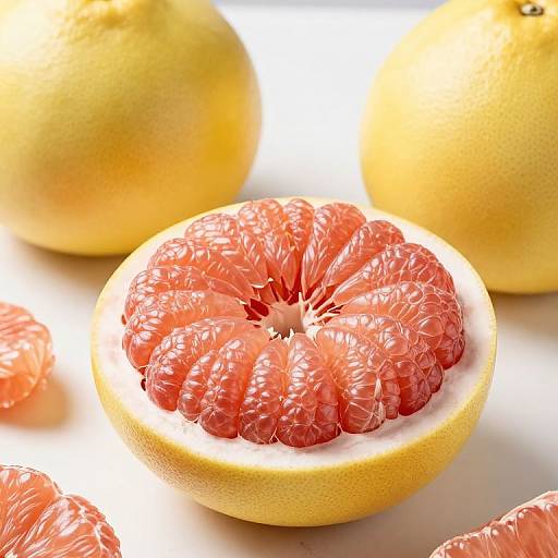 Photograph of a vibrant pink grapefruit half with detailed, textured segments in the foreground, surrounded by whole yellow grapefruits in a bright, white