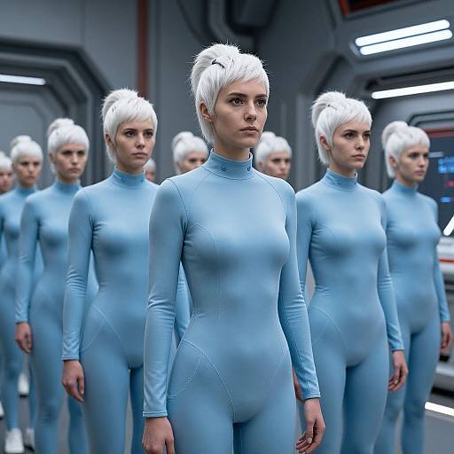 Photograph-like CGI of six identical women with white hair, blue tight bodysuits, standing in a futuristic gray corridor.
