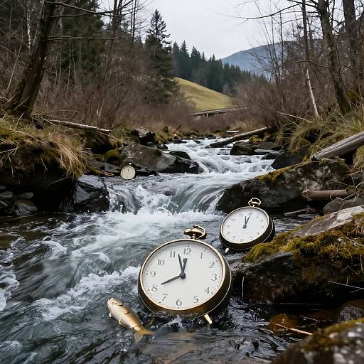 Photograph: Three clocks submerged in a rushing forest stream, with moss-covered rocks and trees in the background, under a cloudy sky.