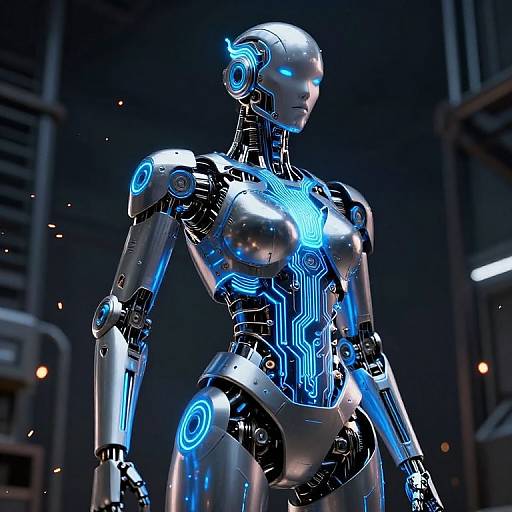 Glowing blue neon-lit female robotic figure with metallic silver body, intricate circuitry patterns, and futuristic background in a dark, industrial setting.