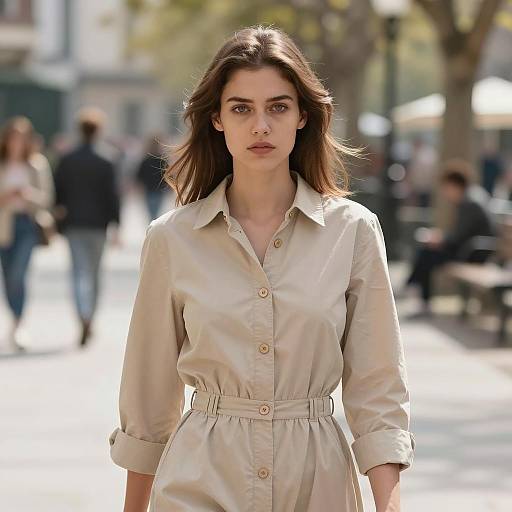Young Woman in Beige Button-Up Dress Outdoors