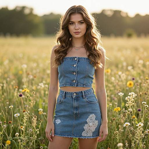 Photograph of a young woman with wavy brown hair, wearing a denim strapless crop top and high-waisted skirt, standing in a sun