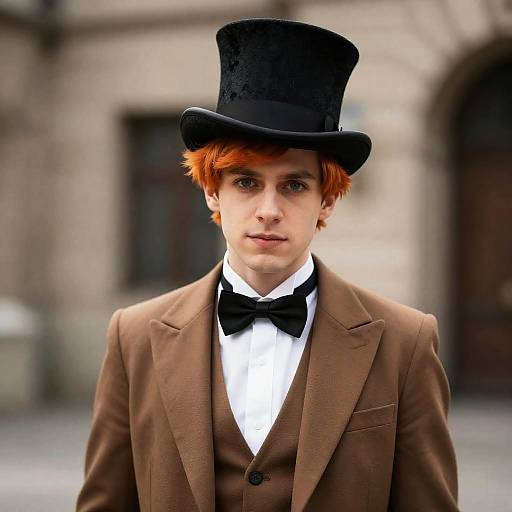 Photograph of a young man with red hair wearing a black top hat, brown suit, white shirt, and black bow tie, standing in front of