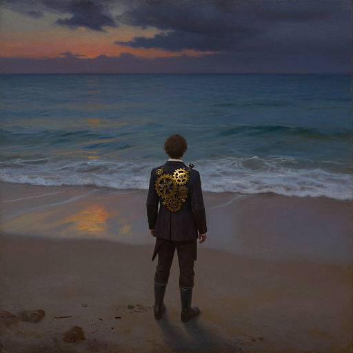 Photograph of a person with curly brown hair, wearing a dark suit with a glowing yellow leopard print design on the back, standing on a beach at