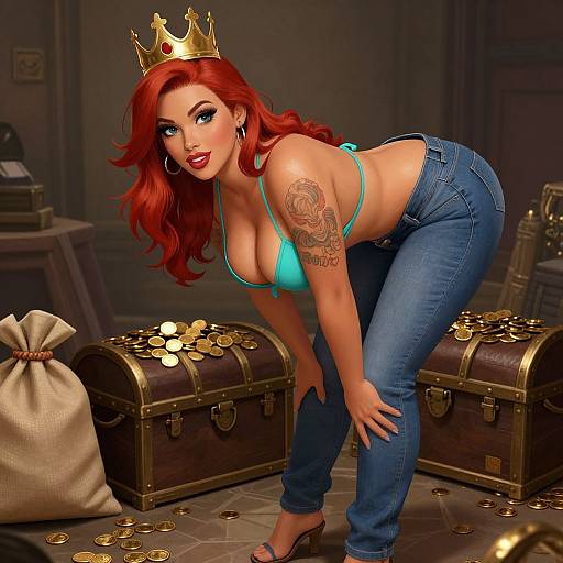 Digital illustration of a red-haired woman with a golden crown, turquoise bikini top, blue jeans, and tattooed arm, bending over treasure chests and coins