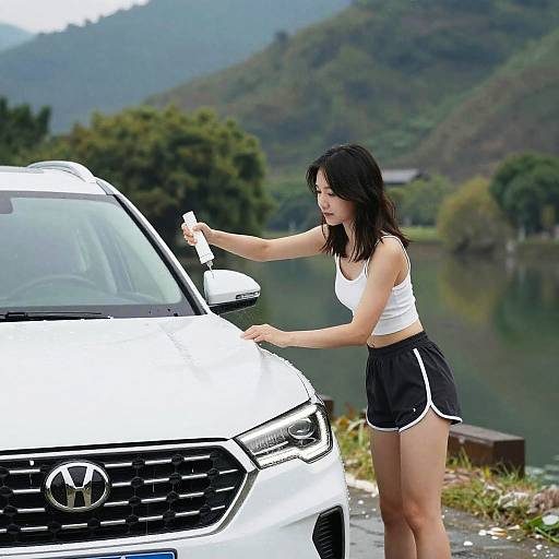 Girl Washing Car by Scenic Lake
