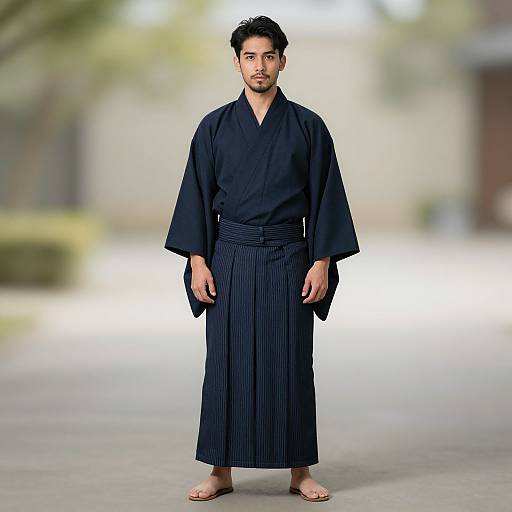 Photograph of a young, handsome man with short black hair, wearing a traditional black kimono with wide sleeves, pleated pants, and brown sandals