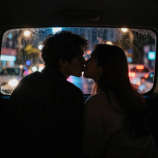 Silhouetted couple kissing in a car at night, raindrops on the window, colorful city lights blurred in the background. Romantic, intimate moment