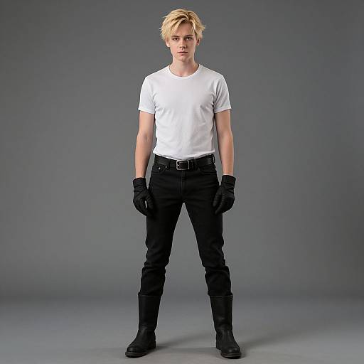 Photograph of a young, blonde, white male with short hair, wearing a white t-shirt, black pants, black gloves, and black boots,
